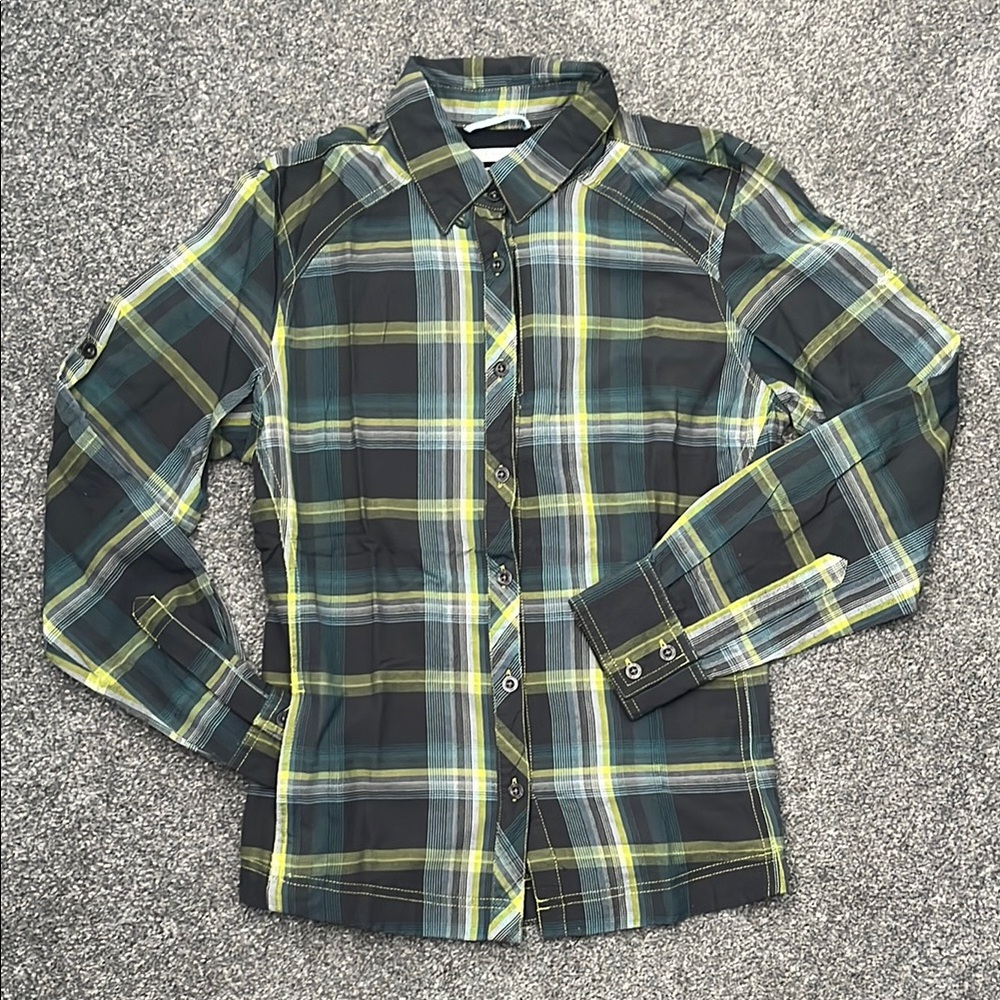 COLUMBIA Plaid Button-Up Shirt in Green and Yellow, Womens S/P small petite